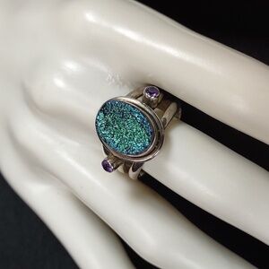 Peacock Druzy Quartz w/Amethyst Sterling Silver Ring